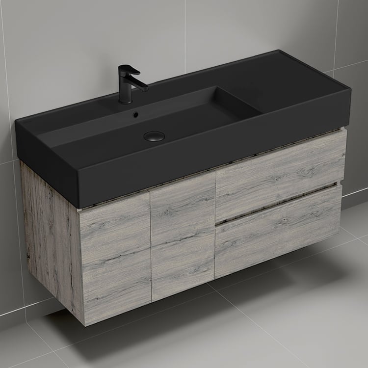 Nameeks BLOCK100 Modern Bathroom Vanity With Black Sink, Wall Mounted, 48 Inch, Grey Oak
